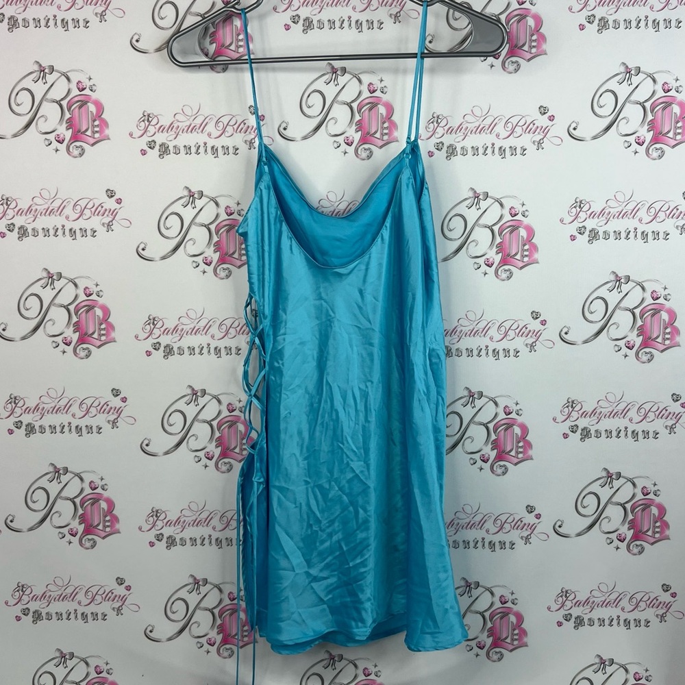 La SENZA dress lace up corset sides rhinestones shiny Turquoise Satin Chemise - Picture 2 of 8